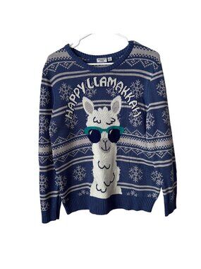Mighty Fine Happy Llamakkah Snowflake Sweater XL Blue & White